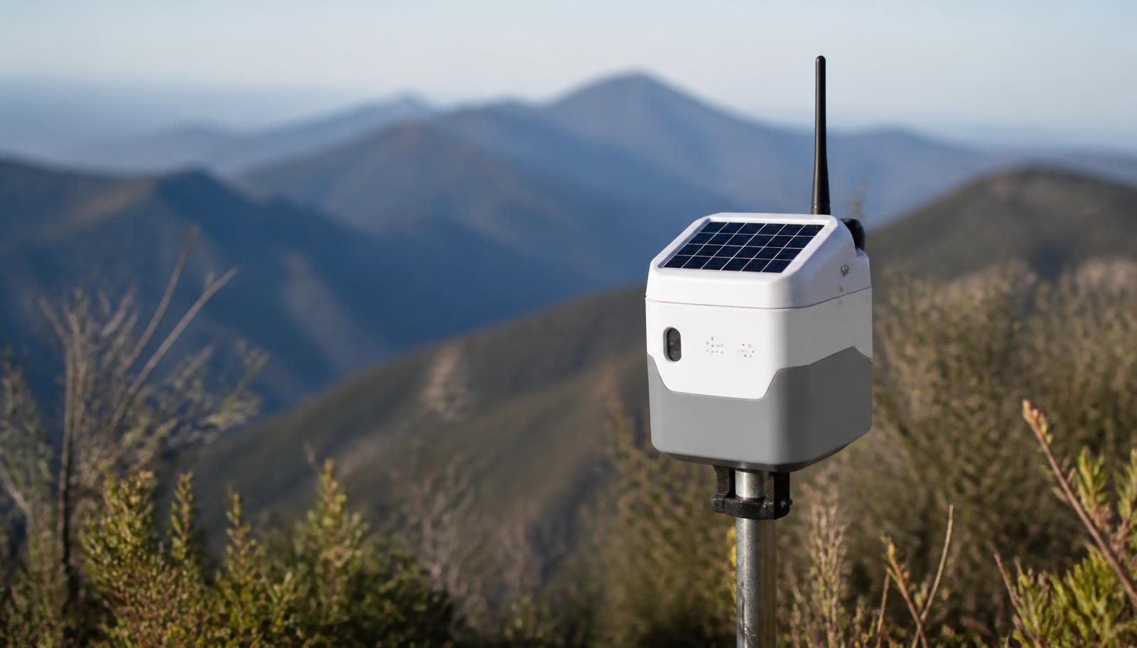 A small sensor node mounted on a tree in dry brush