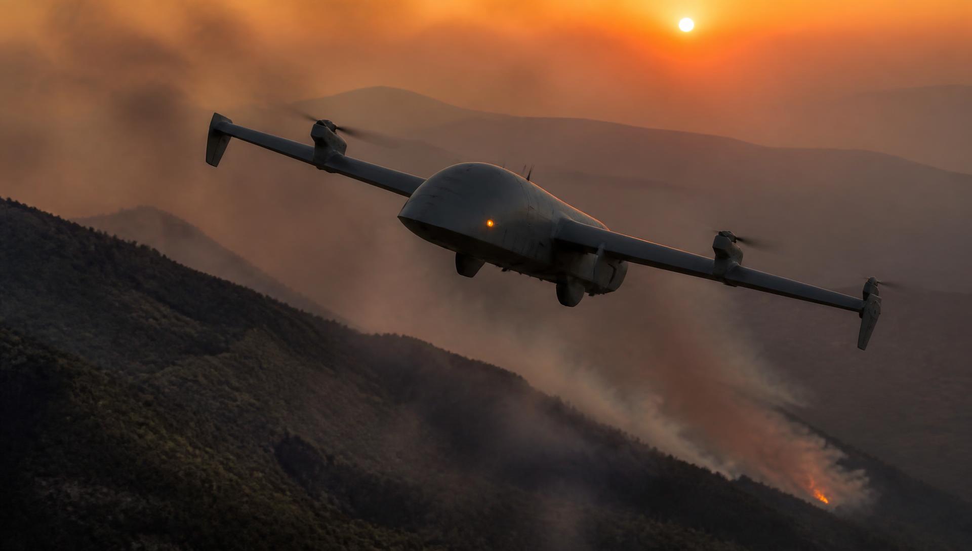Prototype UAV over smoke-covered ridgelines